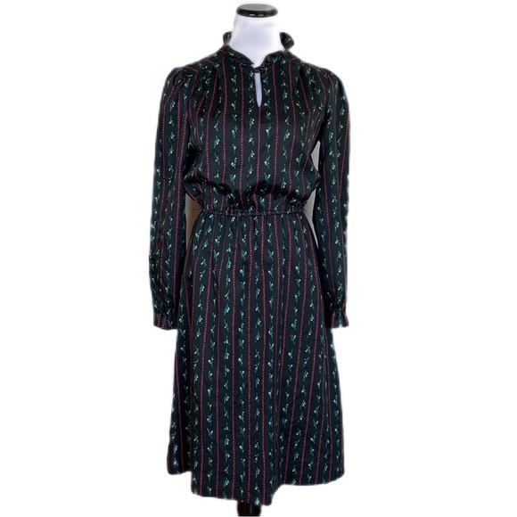 Vintage Jerrell of Texas Black Striped Micro Floral Elastic Waist MIDI Dress - Picture 1 of 12